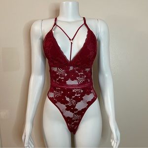 Burgundy lace strappy removable pads  teddy lingerie bodysuit
